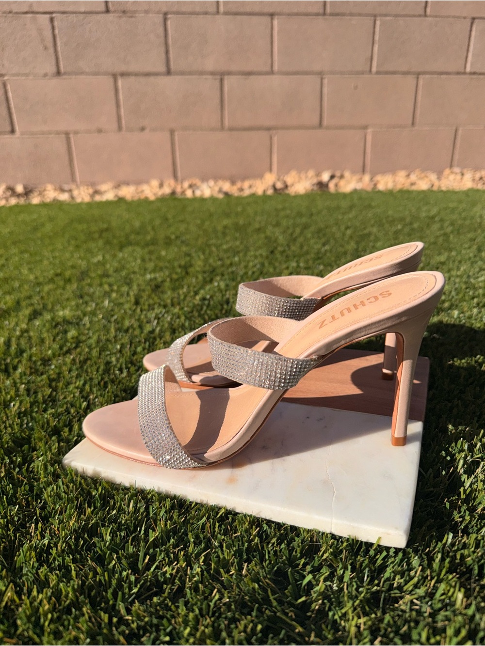SCHUTZ blush nude rhinestone strap heeled sandals